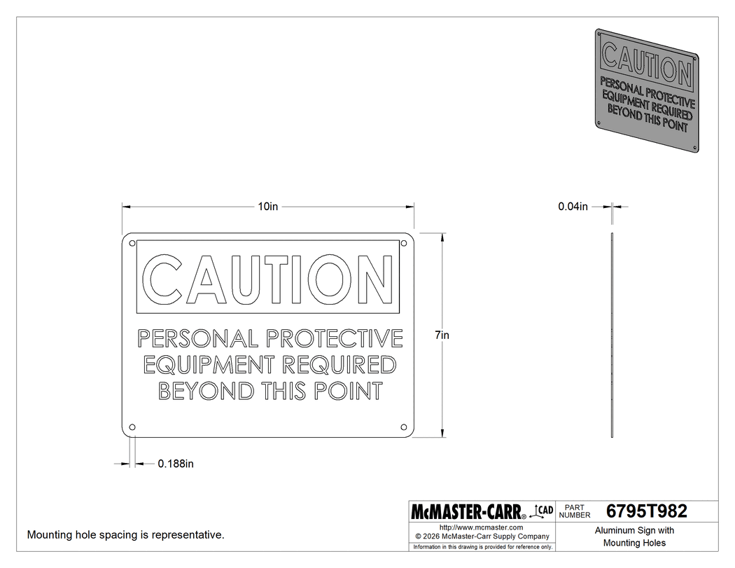Technical Drawing of Aluminum Sign with Mounting Holes, (Caution-Personal Protective. . .), 7" High, 10" Wide.